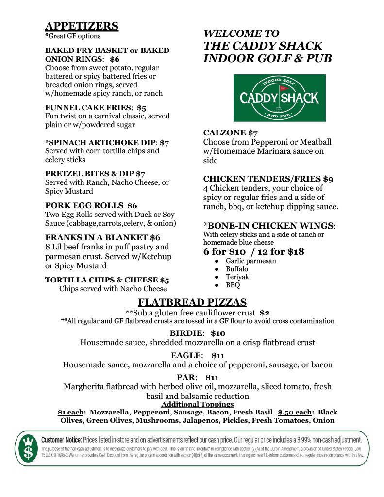 Food menu for Caddy Shack Duluth
